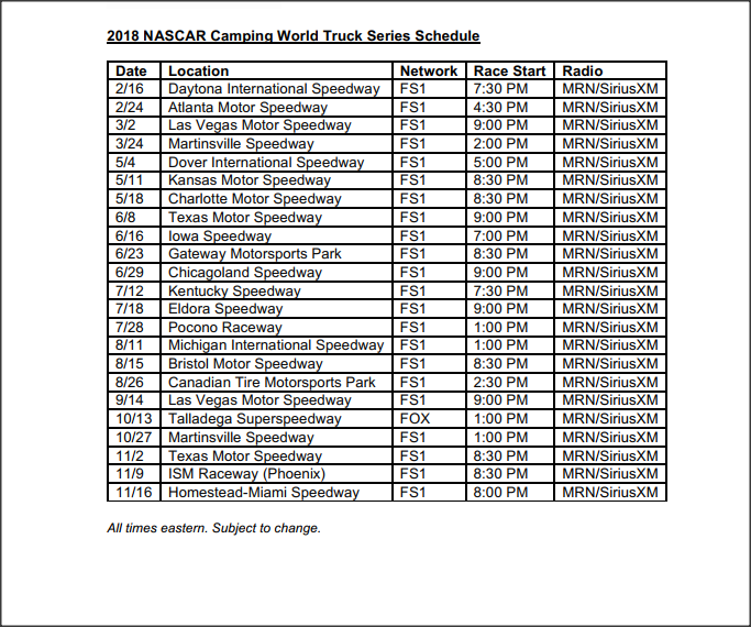 2018 NASCAR Camping World Truck Series Schedule  Pit Stop ...
