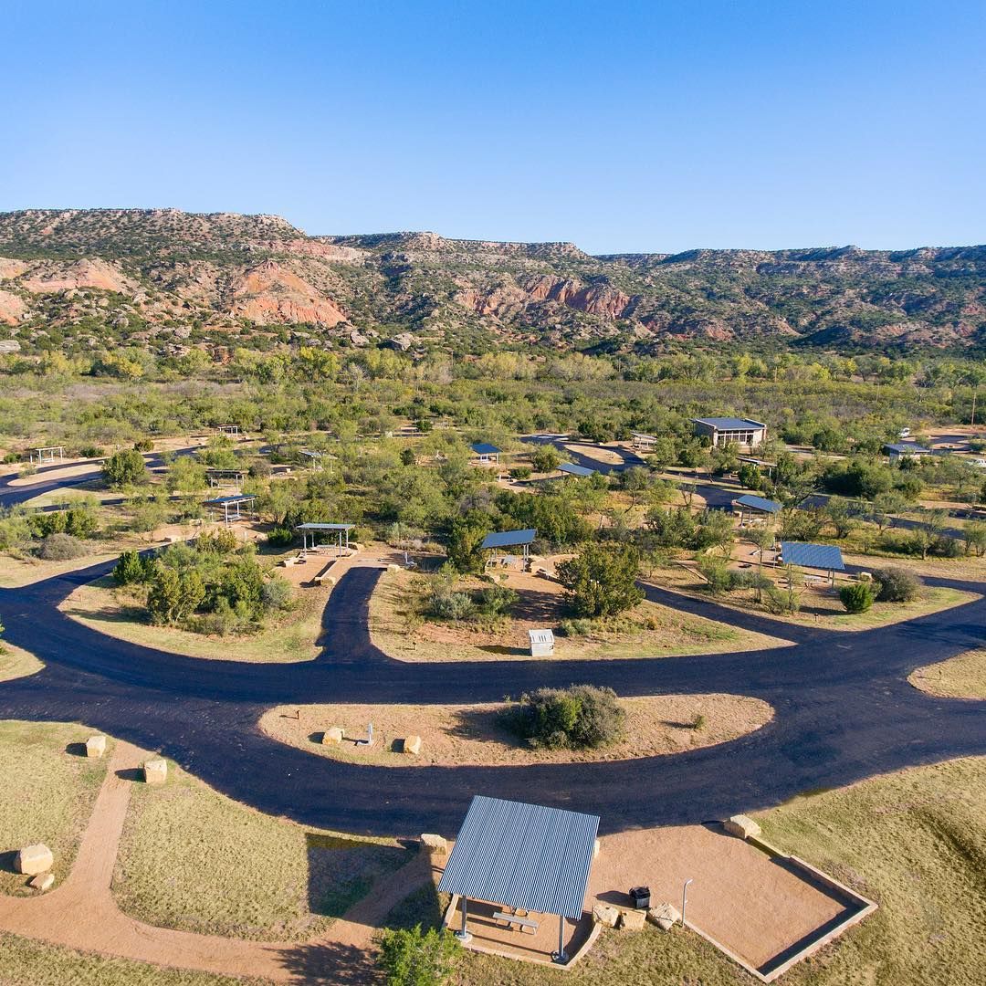 Aerial view of the new Juniper camping loop at Palo Duro Canyon State ...