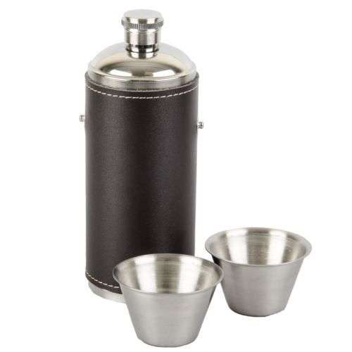 Kikkerland Leather Flask with Shot Glasses Perfect Gift Camping Essentials