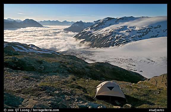 Picture/Photo: Camping in tent above glacier and sea of ...